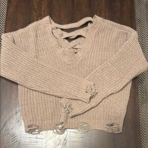 Pink Rose Tan V-Neck Cropped Sweater